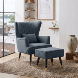 Chenille Fabric Blue Accent Chair With Footstool Camila - Wingback Armchair, Doorstep Delivery - thumbnail 1