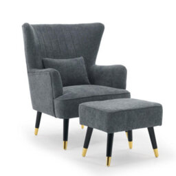Chenille Fabric Blue Accent Chair With Footstool Camila - Wingback Armchair, Doorstep Delivery - thumbnail 3