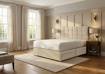 Adore Designs Ashford Plush Velvet Divan Bed, Headboard - 6Ft Super King - Cream - 2 Drawers Same Side - image 1