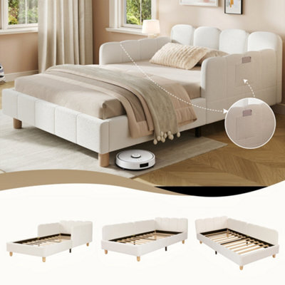 Matteo Single Bed Frame In Beige Bouclé With Reclined Headboard And Safety Rails - image 1