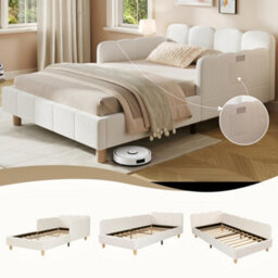 Matteo Single Bed Frame In Beige Bouclé With Reclined Headboard And Safety Rails - thumbnail 1