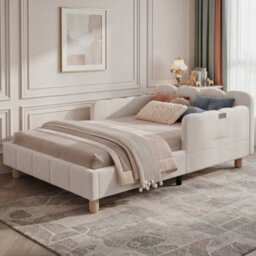 Matteo Single Bed Frame In Beige Bouclé With Reclined Headboard And Safety Rails - thumbnail 4