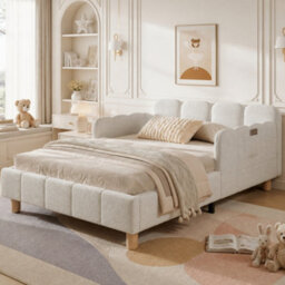 Matteo Single Bed Frame In Beige Bouclé With Reclined Headboard And Safety Rails - thumbnail 5