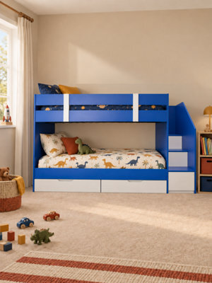 Blue Low Single Staircase Bunk Bed With Wardrobe, Shelves And Drawers With Premium Ortho Sprung Mattresses - image 1