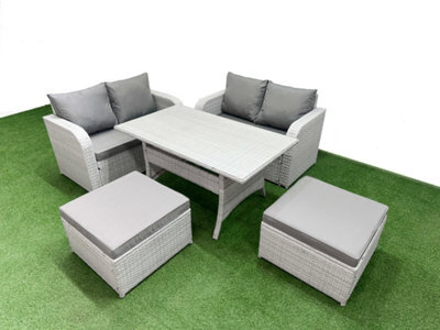 Fimous 6 Seater Outdoor Love Sofa Set Rattan Garden Furniture Set Rectangular Dining Table 2 Footstool Light Grey - image 1