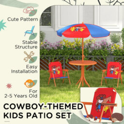 Outsunny Kids Bistro Table And Chair Set W/ Cowboy Theme, Adjustable Parasol - thumbnail 6