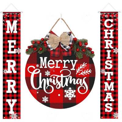 Amorly Merry Christmas Wreath With Welcome Banner, 3 Piece Hanging Door Decoration, Farmhouse Ornament For Porch And Home Holiday Decor - image 1