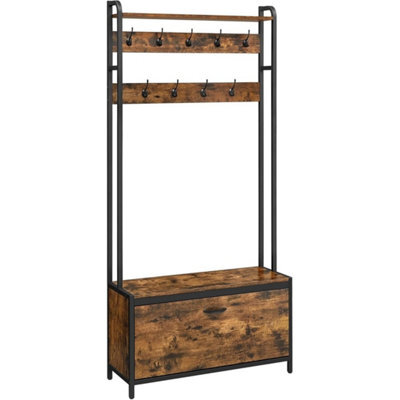 Rustic Brown Hall Tree With 9 Hooks & Shoe Bench - image 1