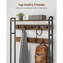 Rustic Brown Hall Tree With 9 Hooks & Shoe Bench - thumbnail 5