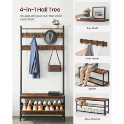 Rustic Brown Hall Tree With 9 Hooks & Shoe Bench - thumbnail 3