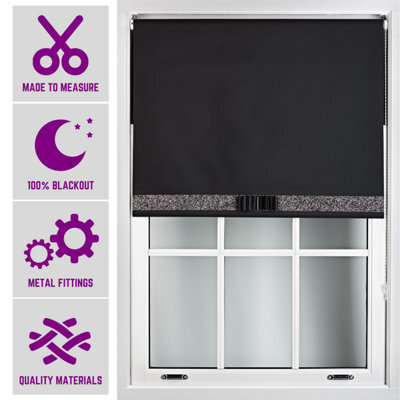 Furnished Made To Measure Blackout Blind With Black Glitter, Black Bow And Metal Fittings - Black (W)90Cm X (L)165Cm - image 1