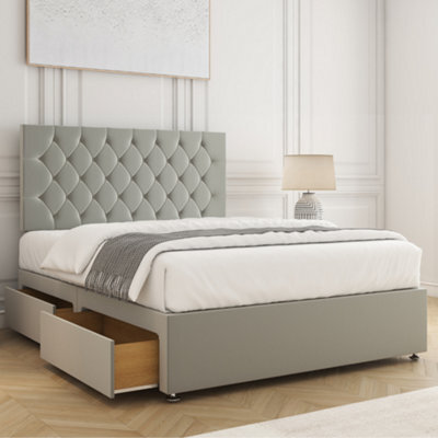 Bsspoke Mia Divan Bed Set Silver Plush Velvet 24Inch Headboard 2 Drawers Same Side & Memory Foam Spring Mattress In All Sizes - image 1
