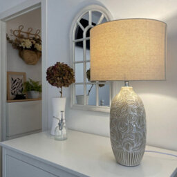 Beliani Beige Ceramic Bedside Lamp With Leaf Pattern Drum Shade, 57 Cm - thumbnail 1