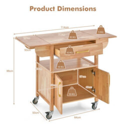 Costway Wood Drop-Leaf Kitchen Storage Trolley Cart Rolling Island Shelves Cupboard - thumbnail 2
