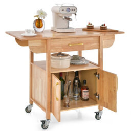 Costway Wood Drop-Leaf Kitchen Storage Trolley Cart Rolling Island Shelves Cupboard