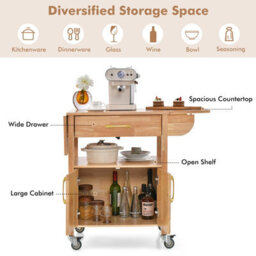 Costway Wood Drop-Leaf Kitchen Storage Trolley Cart Rolling Island Shelves Cupboard - thumbnail 6