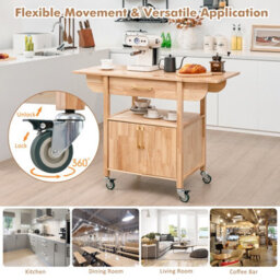 Costway Wood Drop-Leaf Kitchen Storage Trolley Cart Rolling Island Shelves Cupboard - thumbnail 7