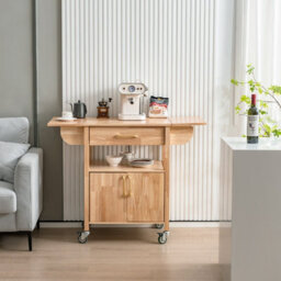 Costway Wood Drop-Leaf Kitchen Storage Trolley Cart Rolling Island Shelves Cupboard - thumbnail 4