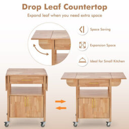 Costway Wood Drop-Leaf Kitchen Storage Trolley Cart Rolling Island Shelves Cupboard - thumbnail 5