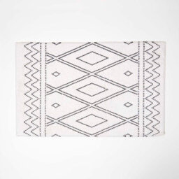 Homescapes Black And White Bath Mat 100% Cotton Boho Design, 50 X 80 Cm