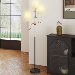 Wyld Haus Tora 165Cm Three-Light Floor Lamp Gold Tone Metal With White Linen Shades And Foot Switch E27 - thumbnail 8