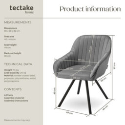 Tectake Set Of 4 Lounge Armchair Living Room Accent Chair 360 Swivel Slim Steel Legs Velvet Fabric   - Grey - thumbnail 6