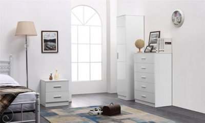 Reflect 1 Door Plain Wardrobe, 5 Drawer Chest, 2 Drawer Bedside - White Gloss & Matt White - Bedroom Furniture Set - image 1