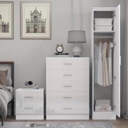 Reflect 1 Door Plain Wardrobe, 5 Drawer Chest, 2 Drawer Bedside - White Gloss & Matt White - Bedroom Furniture Set - thumbnail 4