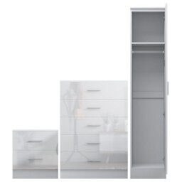Reflect 1 Door Plain Wardrobe, 5 Drawer Chest, 2 Drawer Bedside - White Gloss & Matt White - Bedroom Furniture Set - thumbnail 5