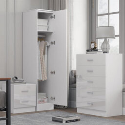 Reflect 1 Door Plain Wardrobe, 5 Drawer Chest, 2 Drawer Bedside - White Gloss & Matt White - Bedroom Furniture Set - thumbnail 2