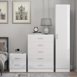 Reflect 1 Door Plain Wardrobe, 5 Drawer Chest, 2 Drawer Bedside - White Gloss & Matt White - Bedroom Furniture Set - thumbnail 3