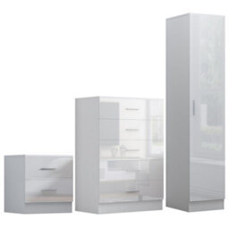 Reflect 1 Door Plain Wardrobe, 5 Drawer Chest, 2 Drawer Bedside - White Gloss & Matt White - Bedroom Furniture Set - thumbnail 6