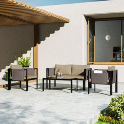 Outsunny 4 Piece Garden Sofa Set W/ Tempered Glass Coffee Table Khaki