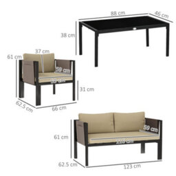 Outsunny 4 Piece Garden Sofa Set W/ Tempered Glass Coffee Table Khaki - thumbnail 3