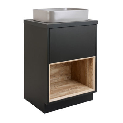 Homestylestore Dark Oak 600mm Led Lit Bathroom Vanity Unit Rectangular Pebble Basin Open Shelf - image 1