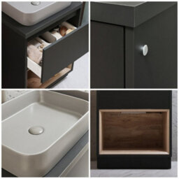 Homestylestore Dark Oak 600mm Led Lit Bathroom Vanity Unit Rectangular Pebble Basin Open Shelf - thumbnail 2