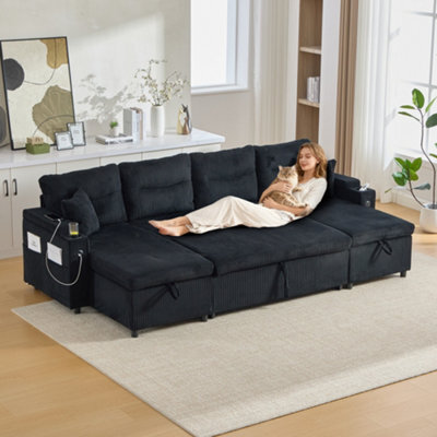 Btm 4 Seater Corduroy Sofa Bed, Dual Storage Chaise, Pull Out Sleeper, Usb Ports And Cup Holders, Black - image 1
