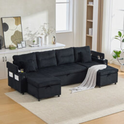Btm 4 Seater Corduroy Sofa Bed, Dual Storage Chaise, Pull Out Sleeper, Usb Ports  And Cup Holders, Black - thumbnail 2