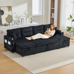 Btm 4 Seater Corduroy Sofa Bed, Dual Storage Chaise, Pull Out Sleeper, Usb Ports  And Cup Holders, Black