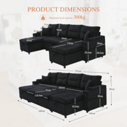 Btm 4 Seater Corduroy Sofa Bed, Dual Storage Chaise, Pull Out Sleeper, Usb Ports  And Cup Holders, Black - thumbnail 3