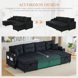 Btm 4 Seater Corduroy Sofa Bed, Dual Storage Chaise, Pull Out Sleeper, Usb Ports  And Cup Holders, Black - thumbnail 6