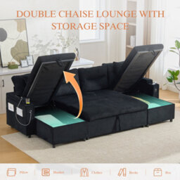 Btm 4 Seater Corduroy Sofa Bed, Dual Storage Chaise, Pull Out Sleeper, Usb Ports  And Cup Holders, Black - thumbnail 5