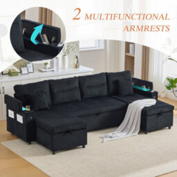 Btm 4 Seater Corduroy Sofa Bed, Dual Storage Chaise, Pull Out Sleeper, Usb Ports  And Cup Holders, Black - thumbnail 7