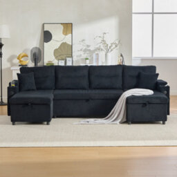 Btm 4 Seater Corduroy Sofa Bed, Dual Storage Chaise, Pull Out Sleeper, Usb Ports  And Cup Holders, Black - thumbnail 4