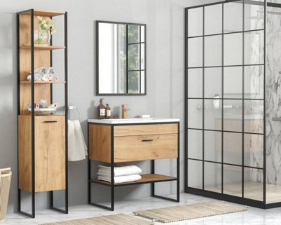 Impact Furniture Freestanding Bathroom Furniture Set Tall Cabinet 600mm Vanity Sink Unit Black Steel Industrial Frame Oak Finish Loft Brook - image 1