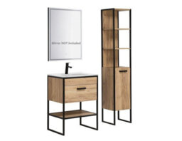 Impact Furniture Freestanding Bathroom Furniture Set Tall Cabinet 600mm Vanity Sink Unit Black Steel Industrial Frame Oak Finish Loft Brook - thumbnail 2