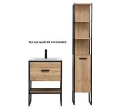 Impact Furniture Freestanding Bathroom Furniture Set Tall Cabinet 600mm Vanity Sink Unit Black Steel Industrial Frame Oak Finish Loft Brook - thumbnail 3