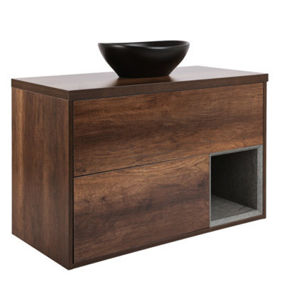 Homestylestore Dark Oak 1000mm Wall Hung Bathroom Vanity Unit With Oval Countertop Basin And Graphite Basin - image 1