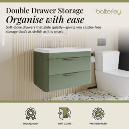 Balterley Aldershawe Contemporary Wall Hung 2 Drawer Bathroom Vanity Unit & Ceramic Basin, Satin Green, 810mm - thumbnail 2