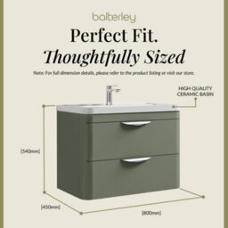 Balterley Aldershawe Contemporary Wall Hung 2 Drawer Bathroom Vanity Unit & Ceramic Basin, Satin Green, 810mm - thumbnail 5